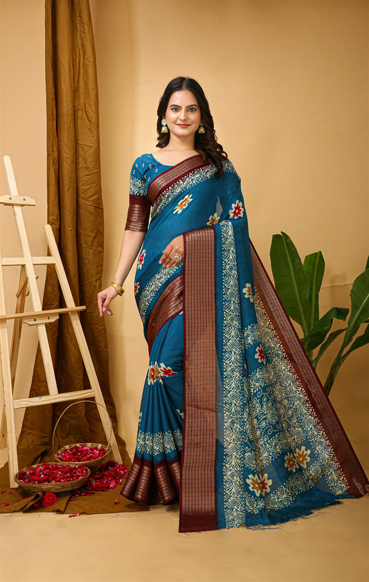 Blue Color Soft Blooming Marshmallow Fabric Kalamkari print Kanjivaram Saree