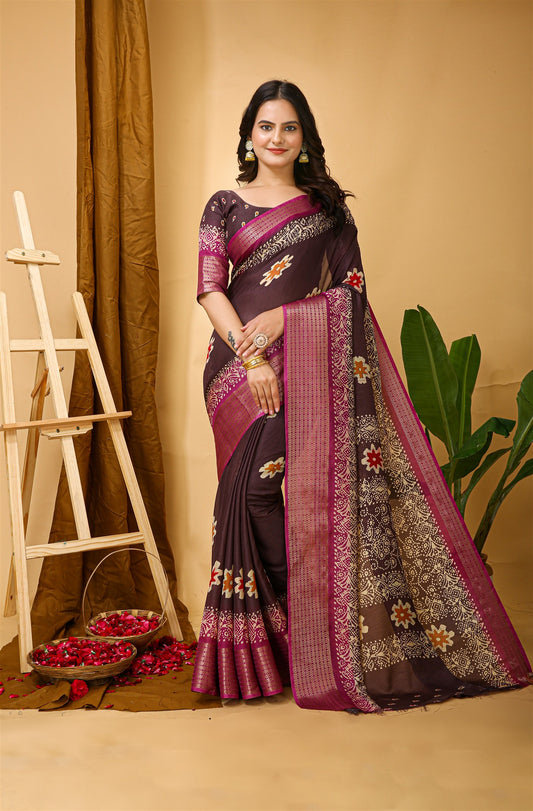 Dark Brown Color Soft Blooming Marshmallow Fabric Kalamkari print Kanjivaram Saree