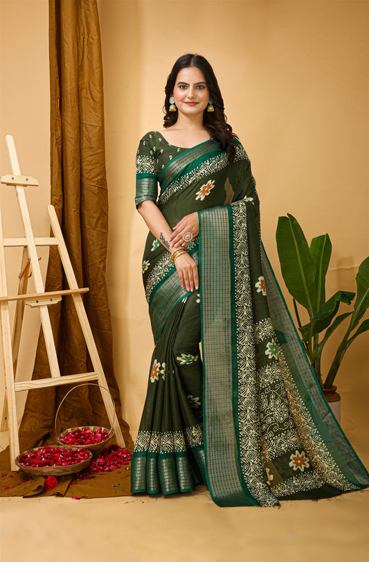 Green Color Soft Blooming Marshmallow Fabric Kalamkari print Kanjivaram Saree
