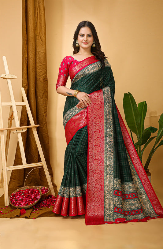 Green Color Cotton Silk Fabric with Kalamkari print with Kanjivaram Saree