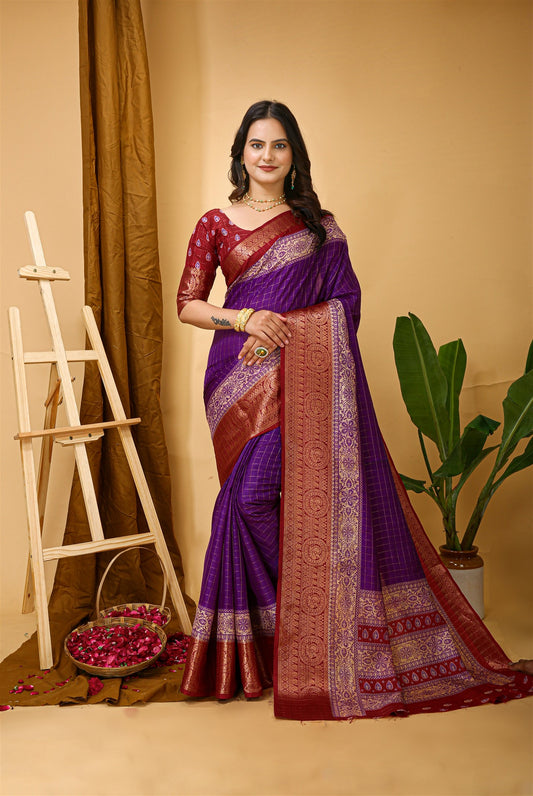Purple Color Cotton Silk Fabric with Kalamkari print with Kanjivaram Saree