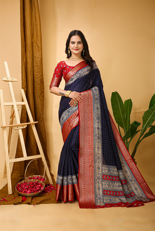 Blue Color Cotton Silk Fabric with Kalamkari print with Kanjivaram Saree