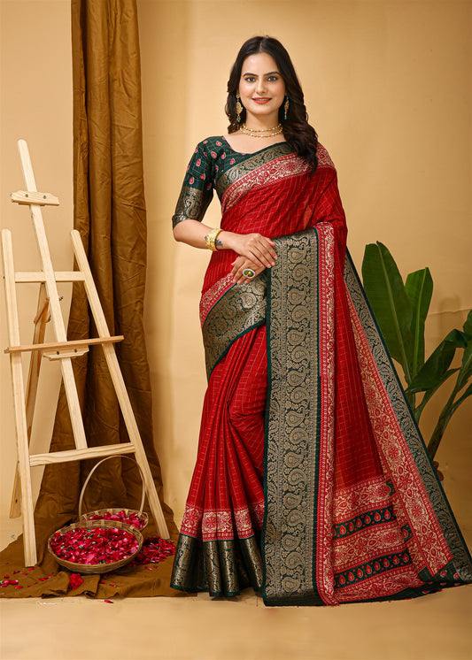 Red Color Cotton Silk Fabric with Kalamkari print with Kanjivaram Saree
