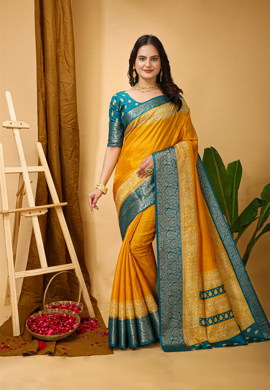 Yellow Color Cotton Silk Fabric with Kalamkari print with Kanjivaram Saree