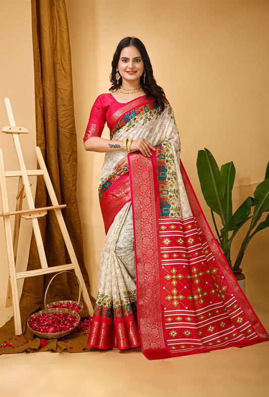 White Color Cotton Silk Fabric with Kalamkari print with Kanjivaram Saree