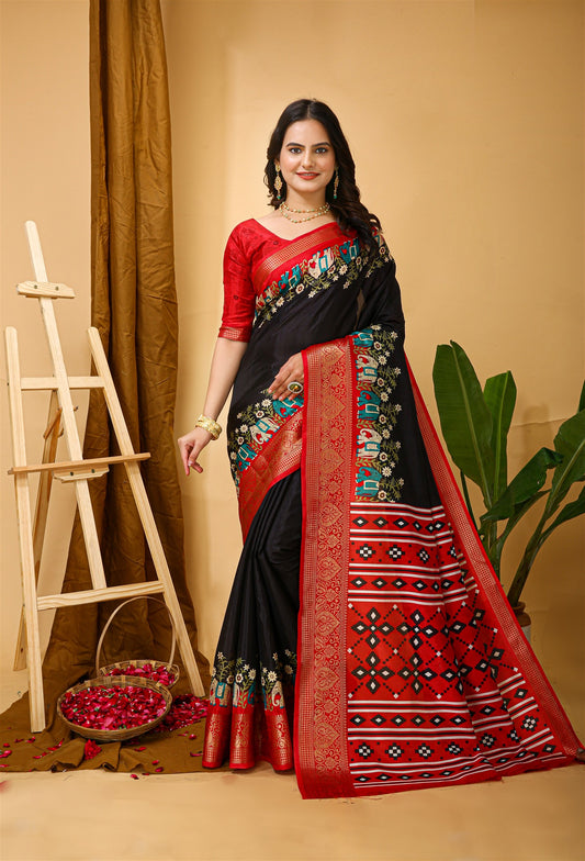 Black Color Cotton Silk Fabric with Kalamkari print with Kanjivaram Saree
