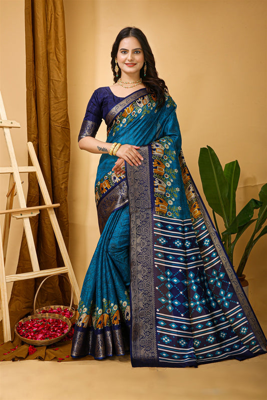 Sky Blue Color Cotton Silk Fabric with Kalamkari print with Kanjivaram Saree