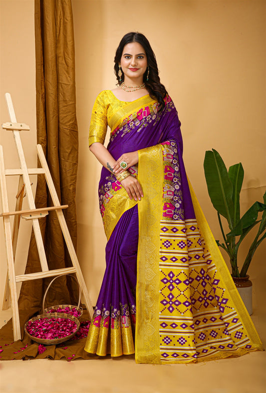 Purple Color Cotton Silk Fabric with Kalamkari print with Kanjivaram Saree