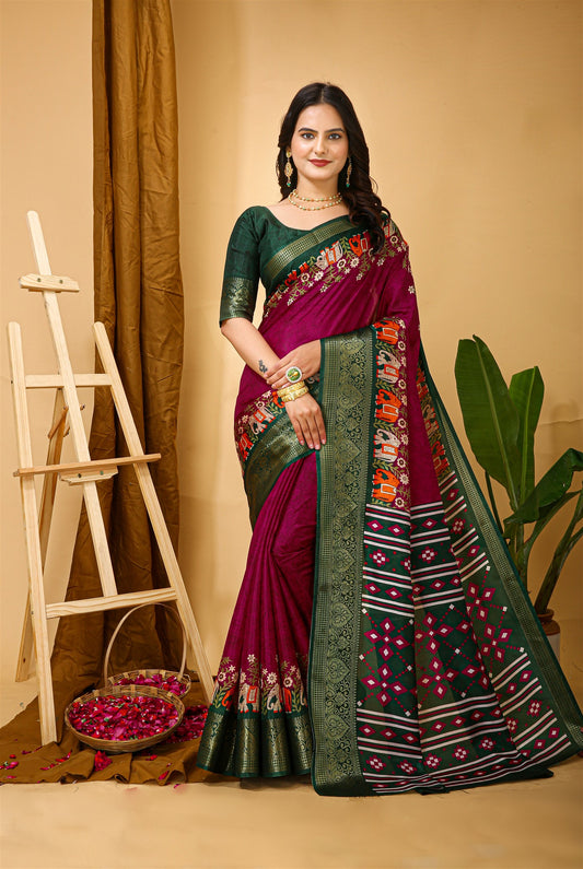 Maroon Color Cotton Silk Fabric with Kalamkari print with Kanjivaram Saree