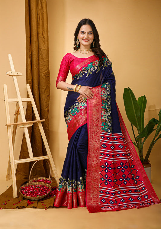 Blue Color Cotton Silk Fabric with Kalamkari print with Kanjivaram Saree