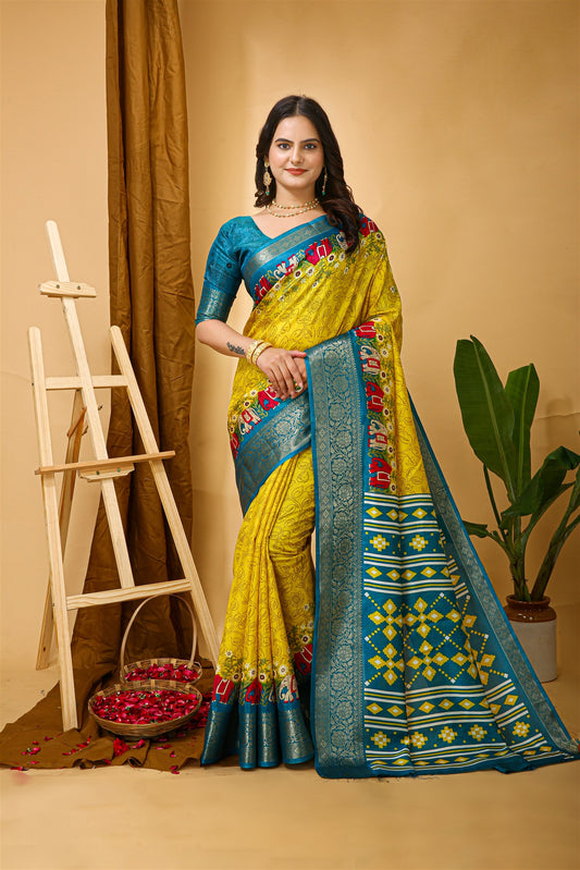 Yellow Color Cotton Silk Fabric with Kalamkari print with Kanjivaram Saree