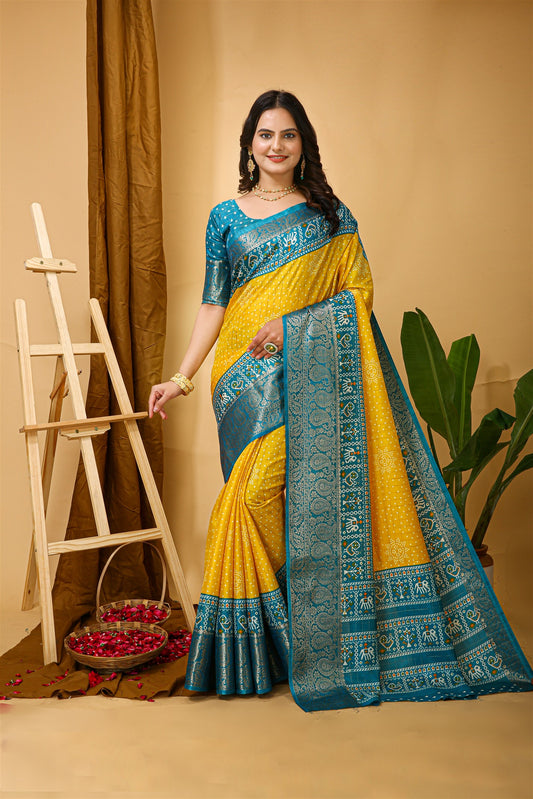 Yellow Color Cotton Silk Fabric with Kalamkari print with Kanjivaram Saree