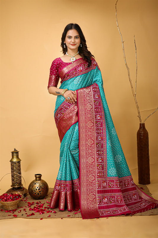 Sky Blue Color Cotton Silk Fabric with Kalamkari print with Kanjivaram Saree