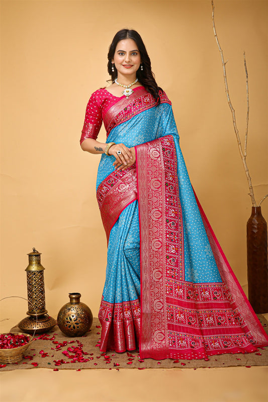 Aqua Blue Color Cotton Silk Fabric with Kalamkari print with Kanjivaram Saree