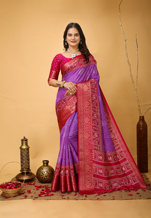 Purple Color Cotton Silk Fabric with Kalamkari print with Kanjivaram Saree