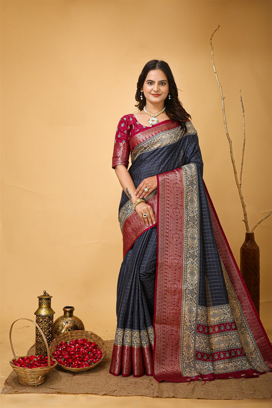 Grey Color Cotton Silk Fabric with Kalamkari print with Kanjivaram Saree