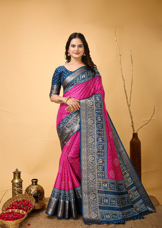 Pink Color Cotton Silk Fabric with Kalamkari print with Kanjivaram Saree