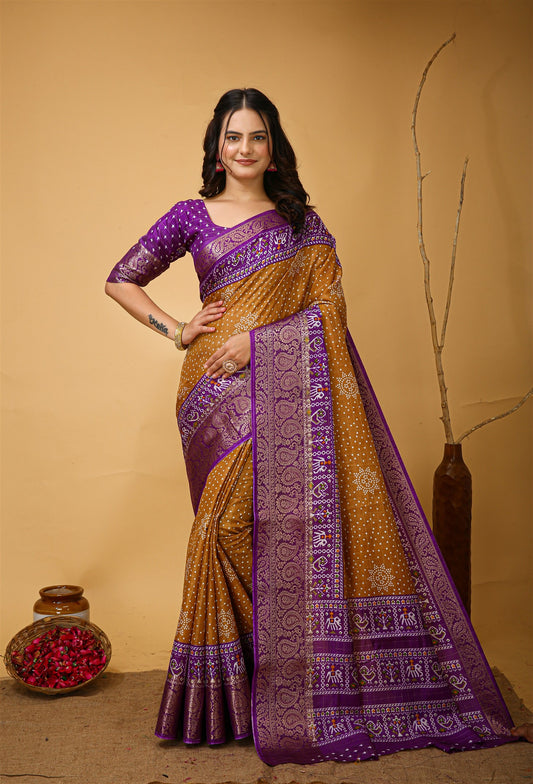Musturd Yellow Color Cotton Silk Fabric with Kalamkari print with Kanjivaram Saree