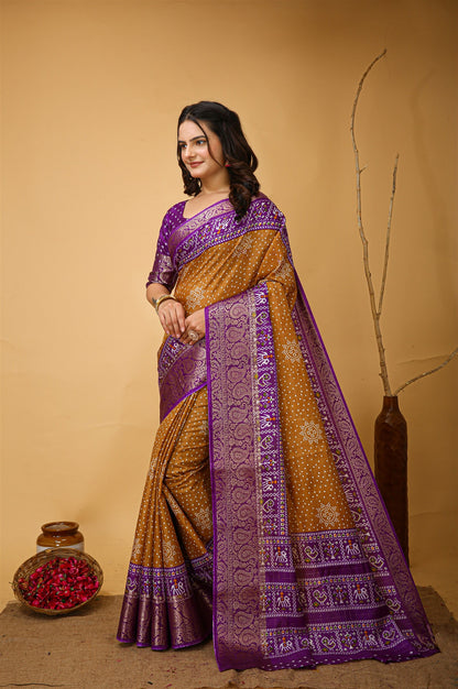 Musturd Yellow Color Cotton Silk Fabric with Kalamkari print with Kanjivaram Saree
