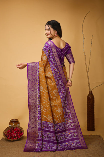 Musturd Yellow Color Cotton Silk Fabric with Kalamkari print with Kanjivaram Saree