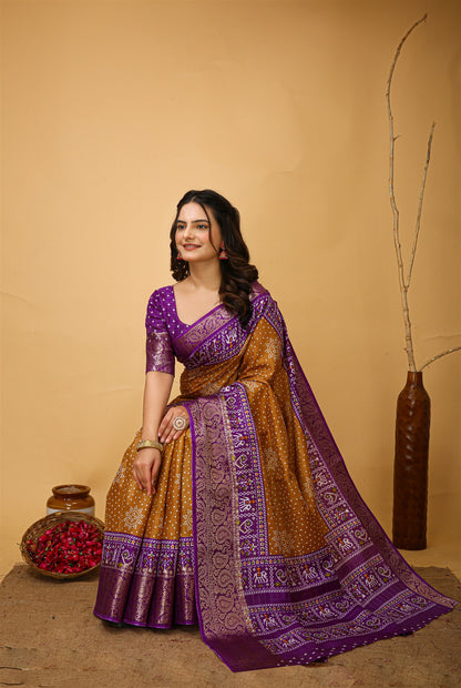 Musturd Yellow Color Cotton Silk Fabric with Kalamkari print with Kanjivaram Saree