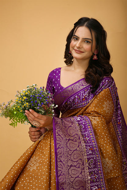 Musturd Yellow Color Cotton Silk Fabric with Kalamkari print with Kanjivaram Saree