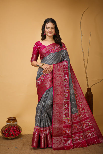 Grey Color Cotton Silk Fabric with Kalamkari print with Kanjivaram Saree