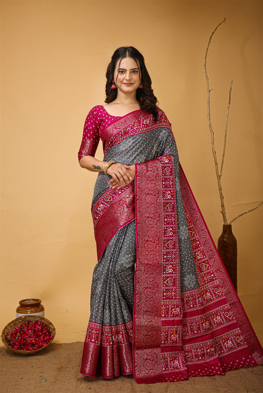 Grey Color Cotton Silk Fabric with Kalamkari print with Kanjivaram Saree