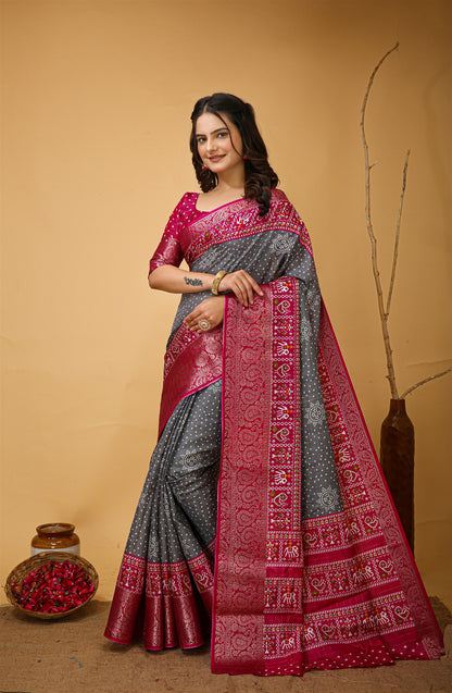 Grey Color Cotton Silk Fabric with Kalamkari print with Kanjivaram Saree