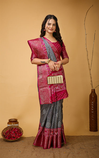 Grey Color Cotton Silk Fabric with Kalamkari print with Kanjivaram Saree