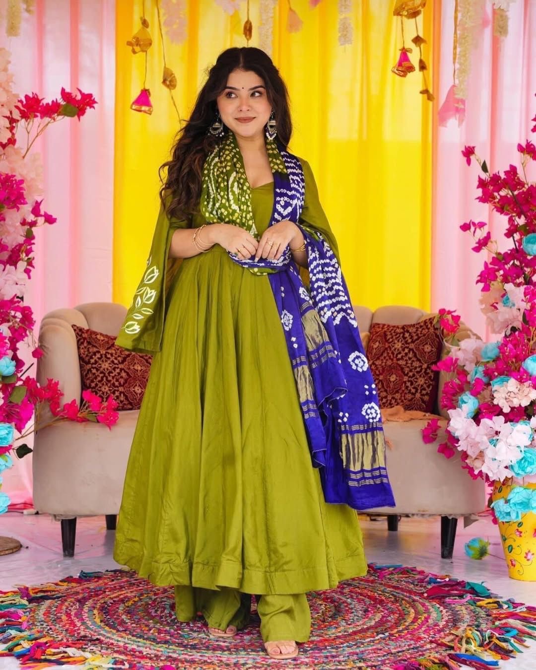 Lemon Yellow Color Beautiful Anarkali Gown In Chinon silk Fabric