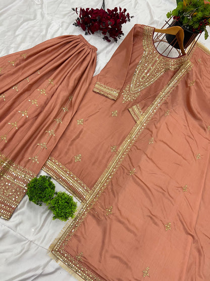 Chinnon With Heavy Embroidery Sequence Work Top-Bottom And Dupatta Set Fully Stitched Ready To Wear