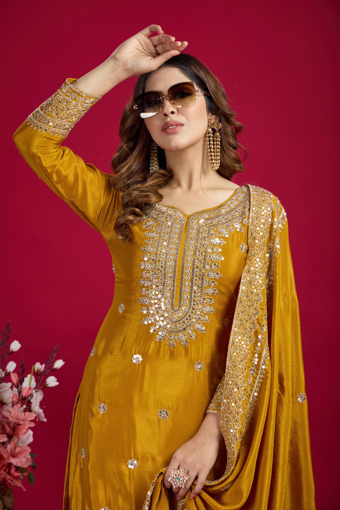 Yellow Color Chinon Silk Fabric Suit