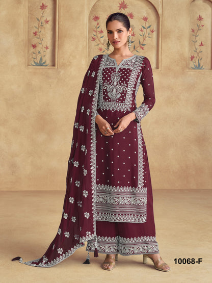 Dark Red Color Heavy Partywear PLazo Suit For Wedding Function