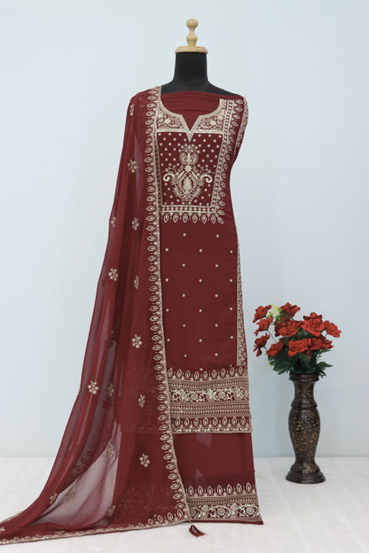 Dark Red Color Heavy Partywear PLazo Suit For Wedding Function