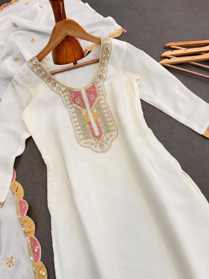 White Cream Color Beautiful Roman Silk Suit