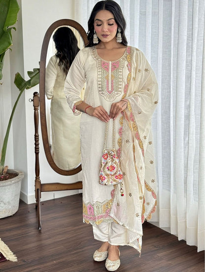 White Cream Color Beautiful Roman Silk Suit