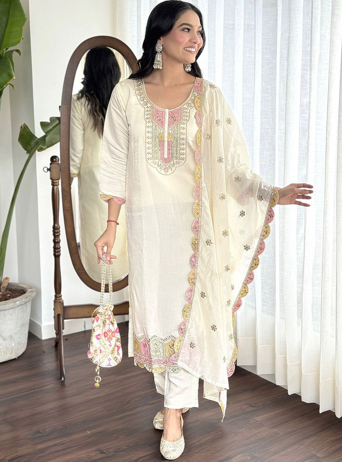 White Cream Color Beautiful Roman Silk Suit