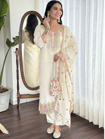 White Cream Color Beautiful Roman Silk Suit