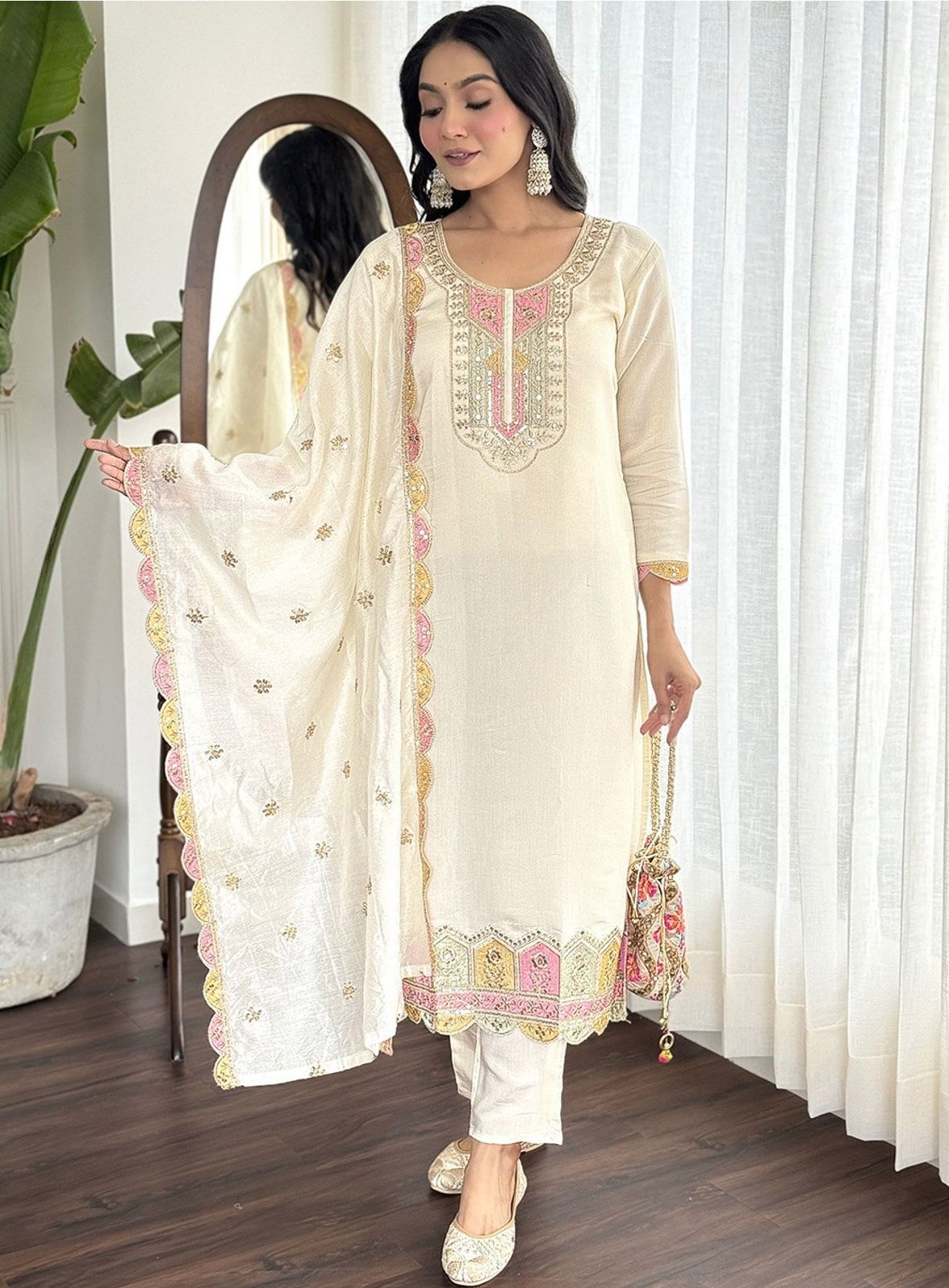 White Cream Color Beautiful Roman Silk Suit