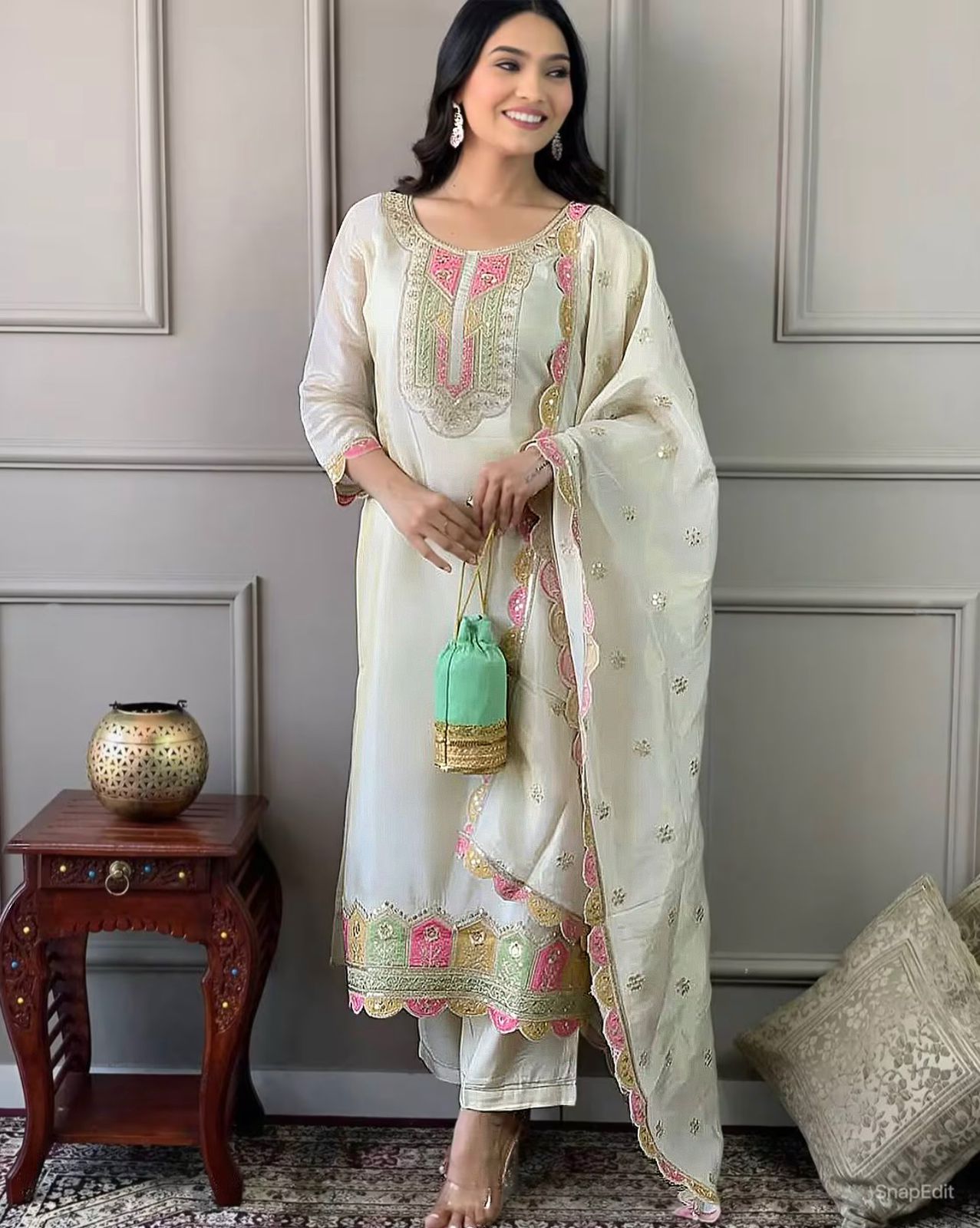 White Cream Color Beautiful Roman Silk Suit