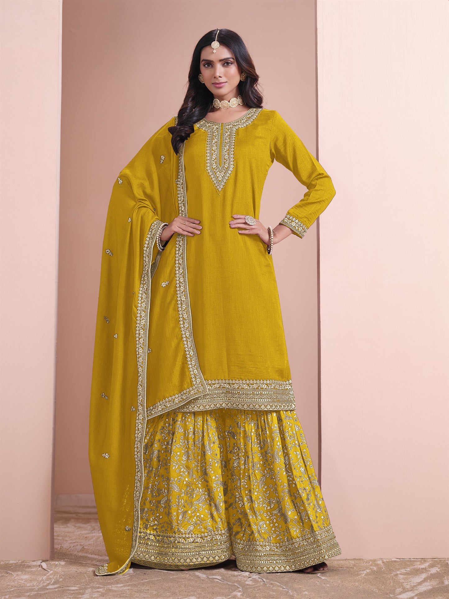 Yellow Color Partywear Plazo Suit In Silk Fabric Wedding Function