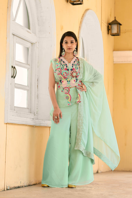 Wedding & Party Wear Look Fancy Four Pices Set With Belt in sky blue