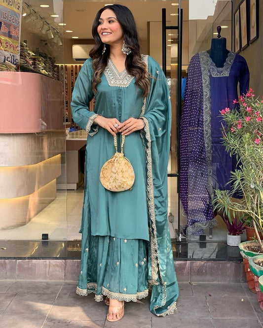 Sky Blues Color Beautiful Partywear Sharara Suit in Chinon Fabric