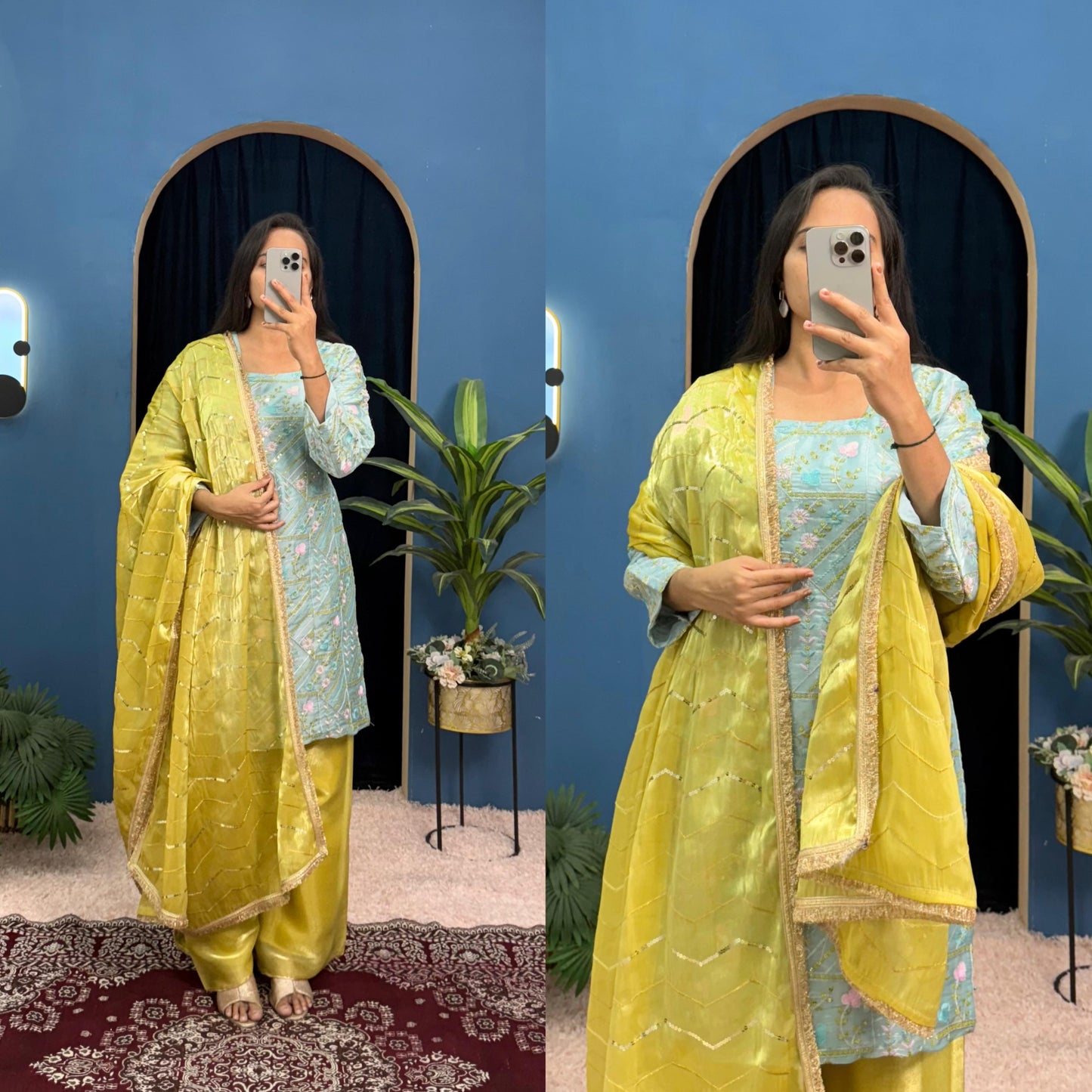 Trending 3 Piece Kurti Set With Fully Embroidery Work On Jimmy Cho Fabric With Stitch Plazzo Pent
