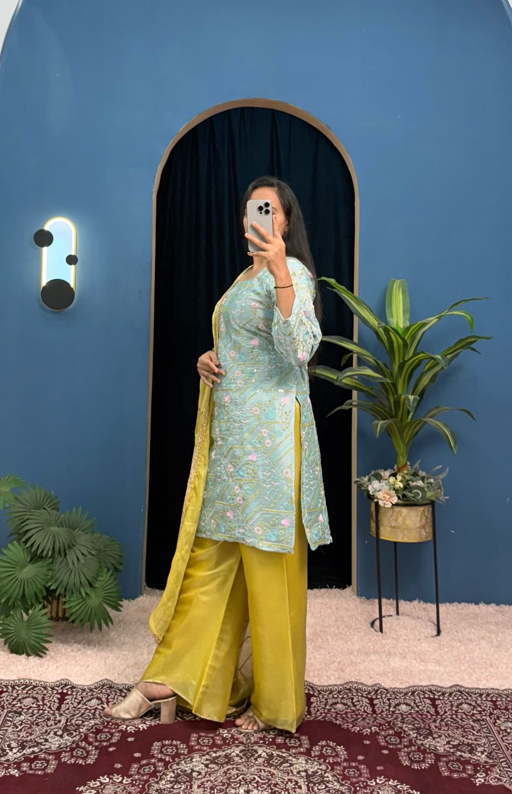 Trending 3 Piece Kurti Set With Fully Embroidery Work On Jimmy Cho Fabric With Stitch Plazzo Pent