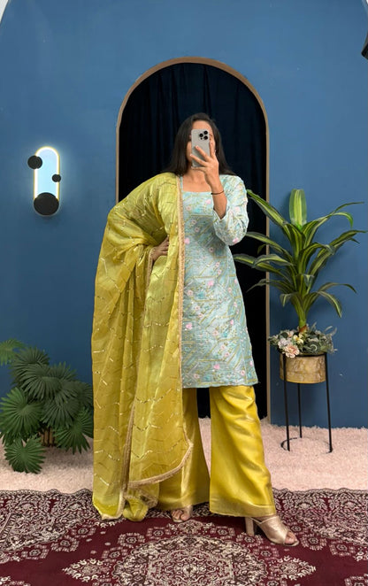 Trending 3 Piece Kurti Set With Fully Embroidery Work On Jimmy Cho Fabric With Stitch Plazzo Pent