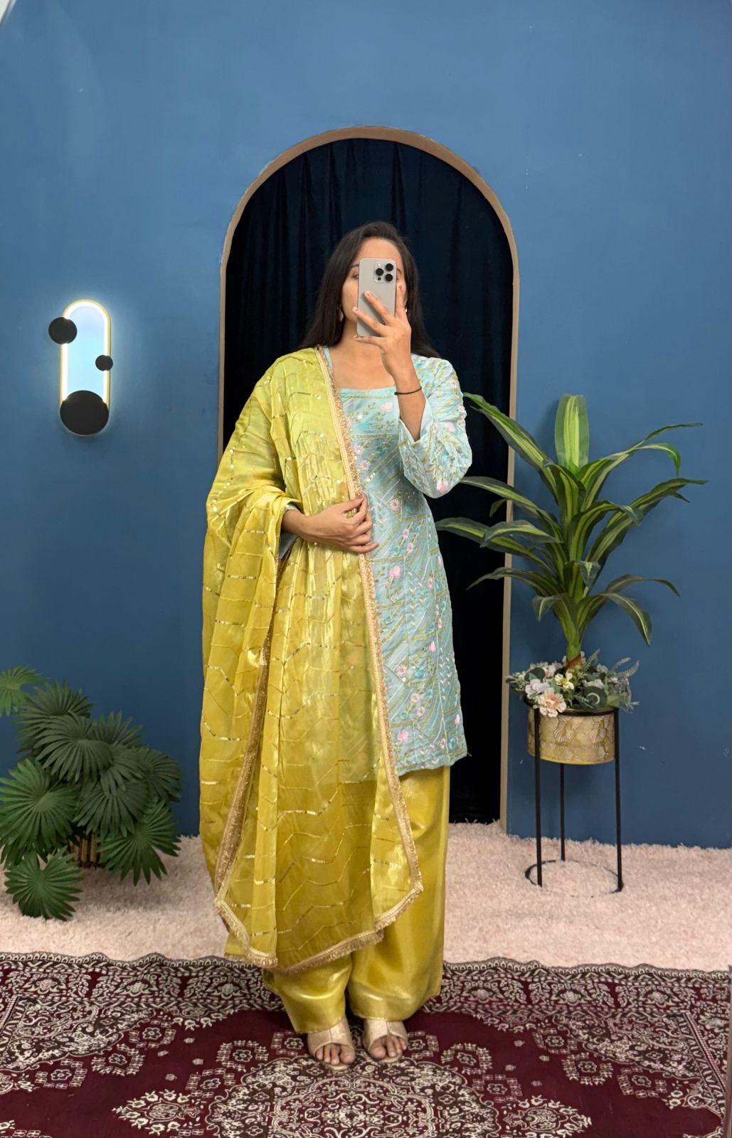 Trending 3 Piece Kurti Set With Fully Embroidery Work On Jimmy Cho Fabric With Stitch Plazzo Pent