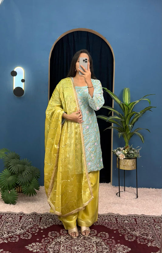 Trending 3 Piece Kurti Set With Fully Embroidery Work On Jimmy Cho Fabric With Stitch Plazzo Pent