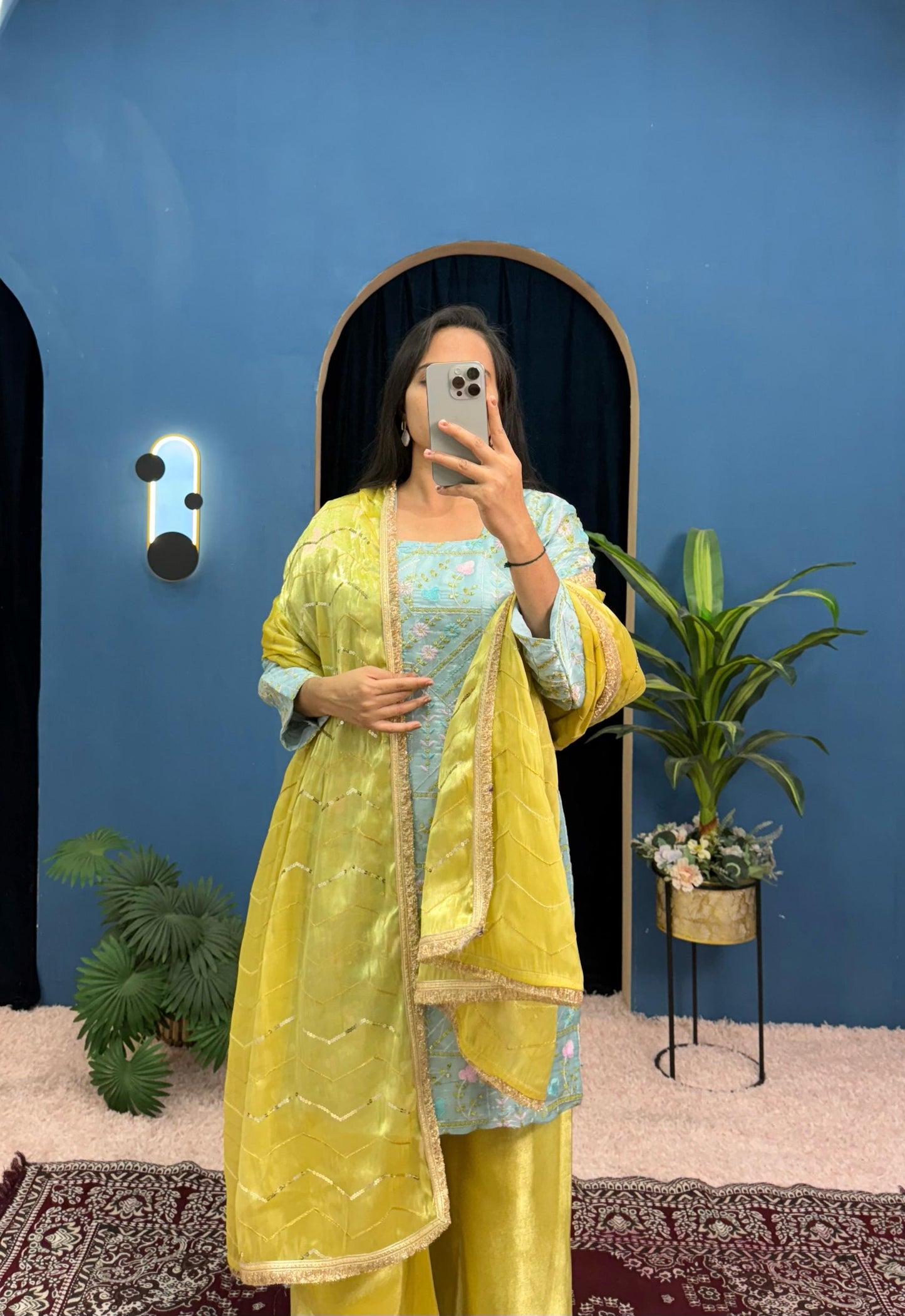 Trending 3 Piece Kurti Set With Fully Embroidery Work On Jimmy Cho Fabric With Stitch Plazzo Pent